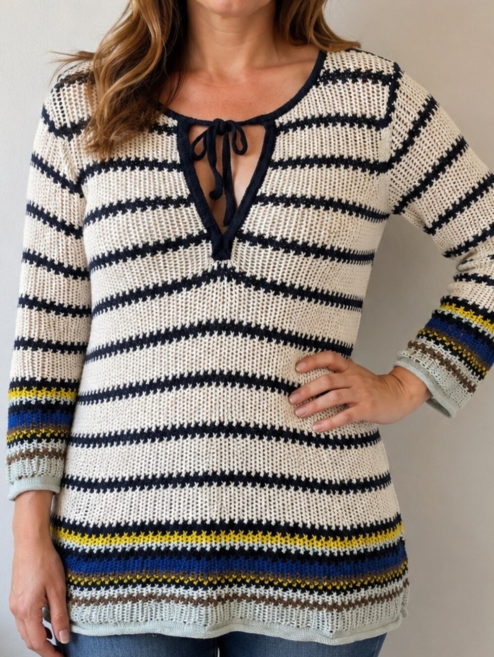 ORLY Linen Cotton Striped Knit Tunic Sweater L/G Multicolor Boho